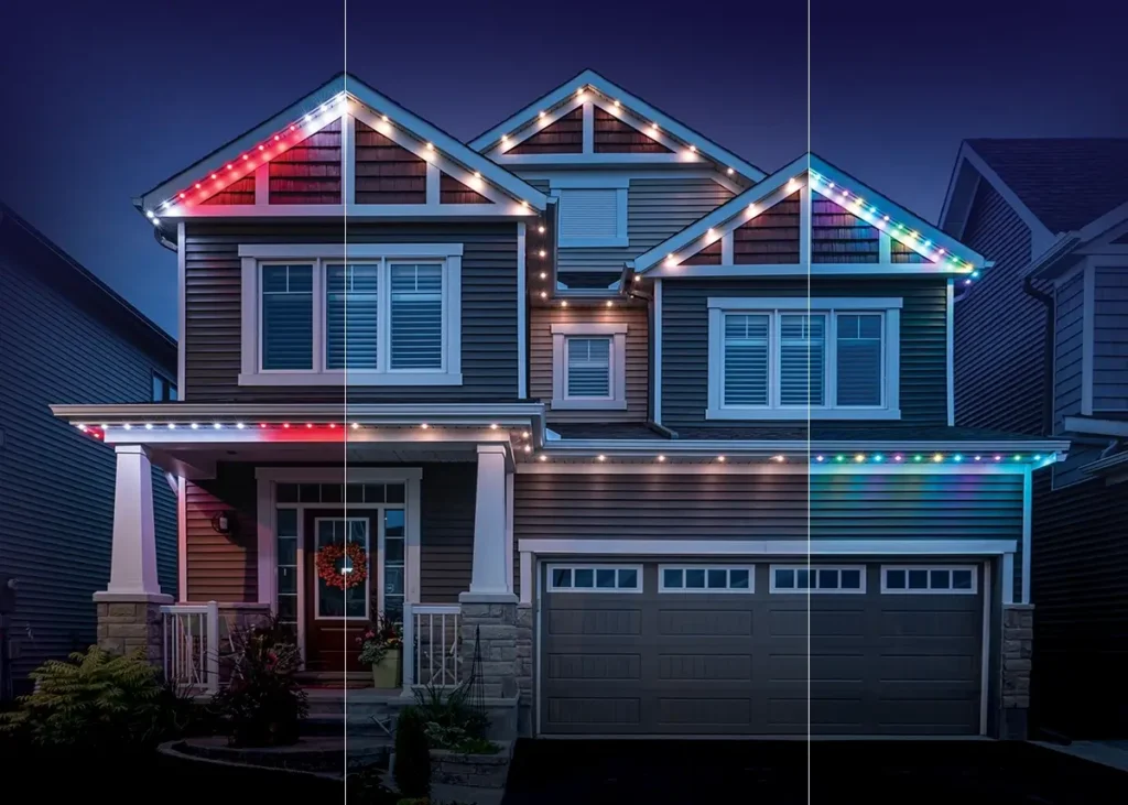 house decorated with Celebright permanent holiday lighting, showing different colours of decorative lights