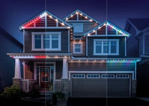 house decorated with Celebright permanent holiday lighting, showing different colours of decorative lights